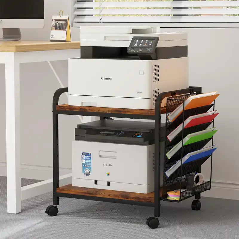 EasyCom Large Printer Stand with File Holder Organizer, Adjustable Height Shelf with Wheels, Rolling Printer Cart, Rustic Brown