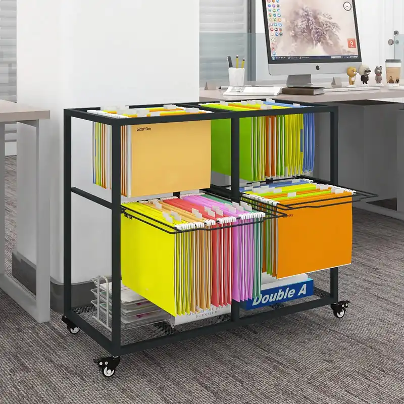 PUNCIA 2 Tiers 2 Column Heavy Duty Metal Rolling File Carts with Wheels Hanging Files for Letter Size Movable Pull-Out