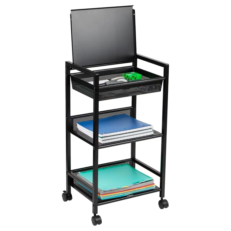 Mind Reader Cart with Covered Compartment, Office Organizer, Storage, 3-Tier, Office, Metal, 15.5" L x 11" W x 28.25" H, Black