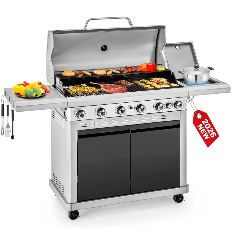 2 in 1 Propane Griddle Grill Combo, 6-Burner Propane Gas BBQ Grill with Porcelain-Enameled Cast Iron Grates & Plate, 42,000 BTU Combo Grill