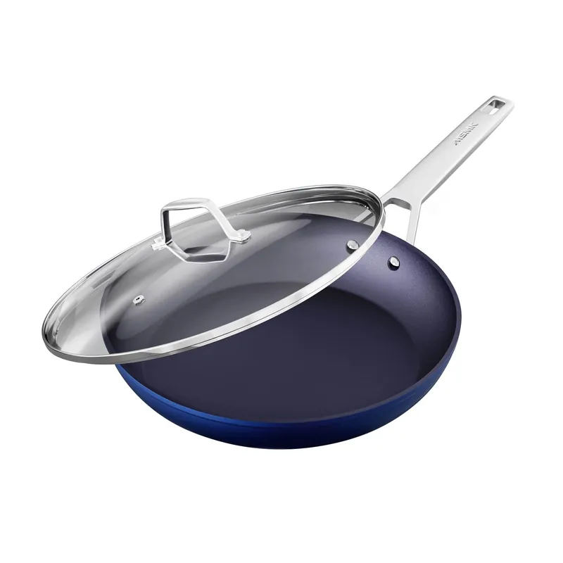 MsMk Non stick frying pan set with lid Blue, 12-inch Durable skillet, Titanium and Diamond Non Stick Non-Toxic Coating From USA