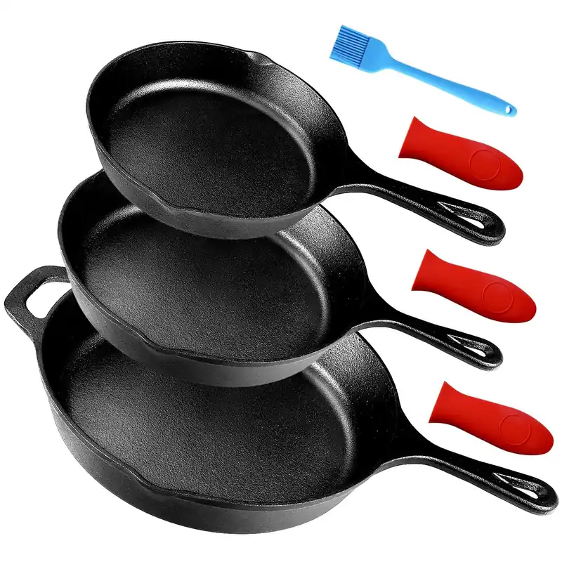 Suteck Cast Iron Skillets 3 piece set 6", 8" & 10" Pre-Seasoned Cast Iron Pans with 3 Silicone Heat-Resistant Holders - Indoor and Outdoor Use