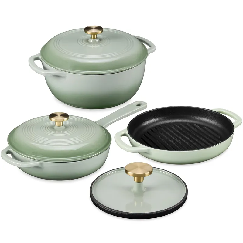 Best Choice Products Non-Stick Pot & Pan Cookware Set, Cast Iron, 2Qt Skillet W/Lid, 10" Grill Or Griddle Pan W/Press, 6Qt Enameled - Sage