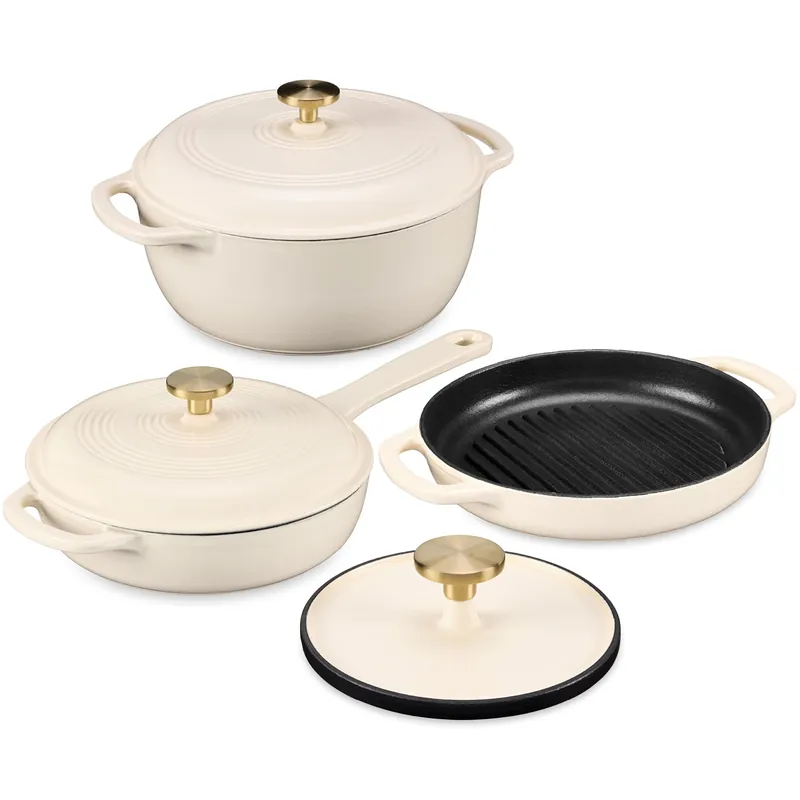 Best Choice Products Non-Stick Pot & Pan Cookware Set, Cast Iron, 2Qt Skillet W/Lid, 10" Grill Or Griddle Pan W/Press, 6Qt - Vanilla