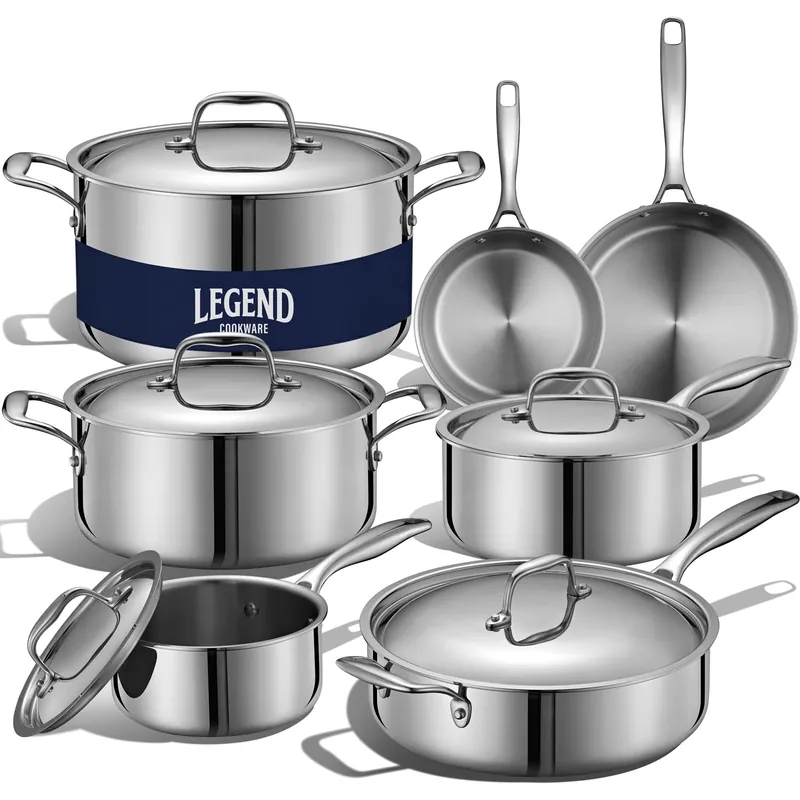 LEGEND COOKWARE 5-Ply Stainless Steel Cookware Set, 12-Piece Pots and Pans Set - Induction Compatible, Oven Safe 800°F - Non-Toxic, No Coatings