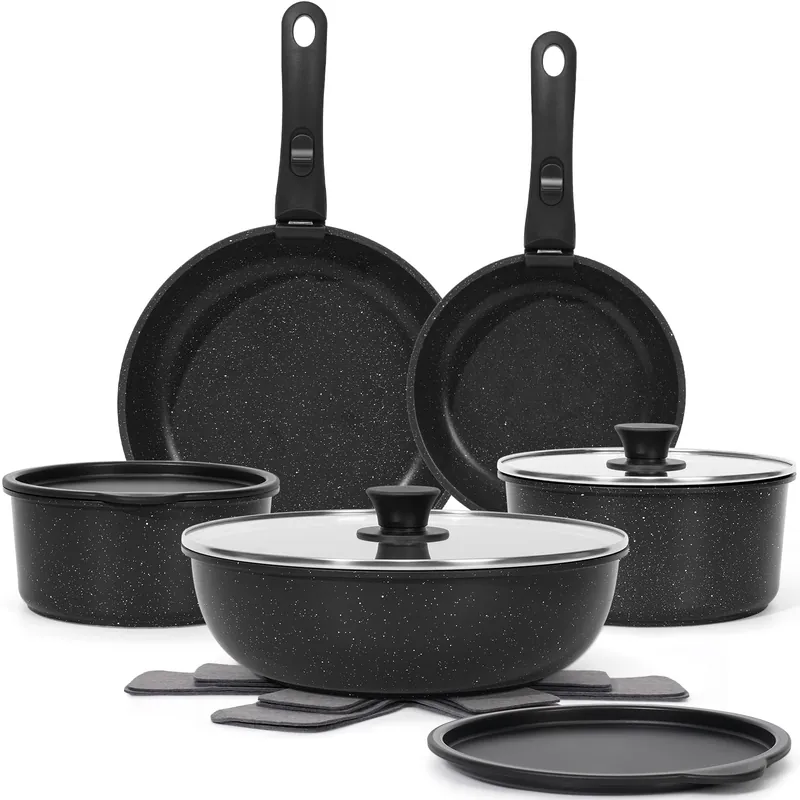 SODAY 15Pcs Pots and Pans Set Non Stick, Cookware Sets with Detachable Handle, Nonstick RV Kitchen Cooking Tools Removable Handles, Black