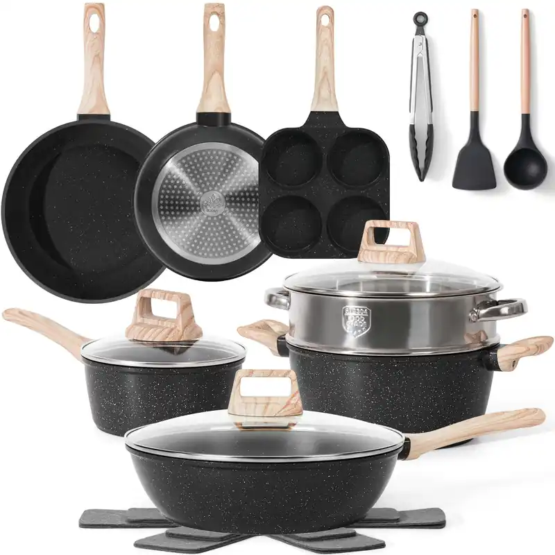 SODAY 17 Pcs Pots and Pans Set Non Stick Kitchen Cookware Sets Nonstick Induction Cookware Non-toxic Black Granite Cooking Tools