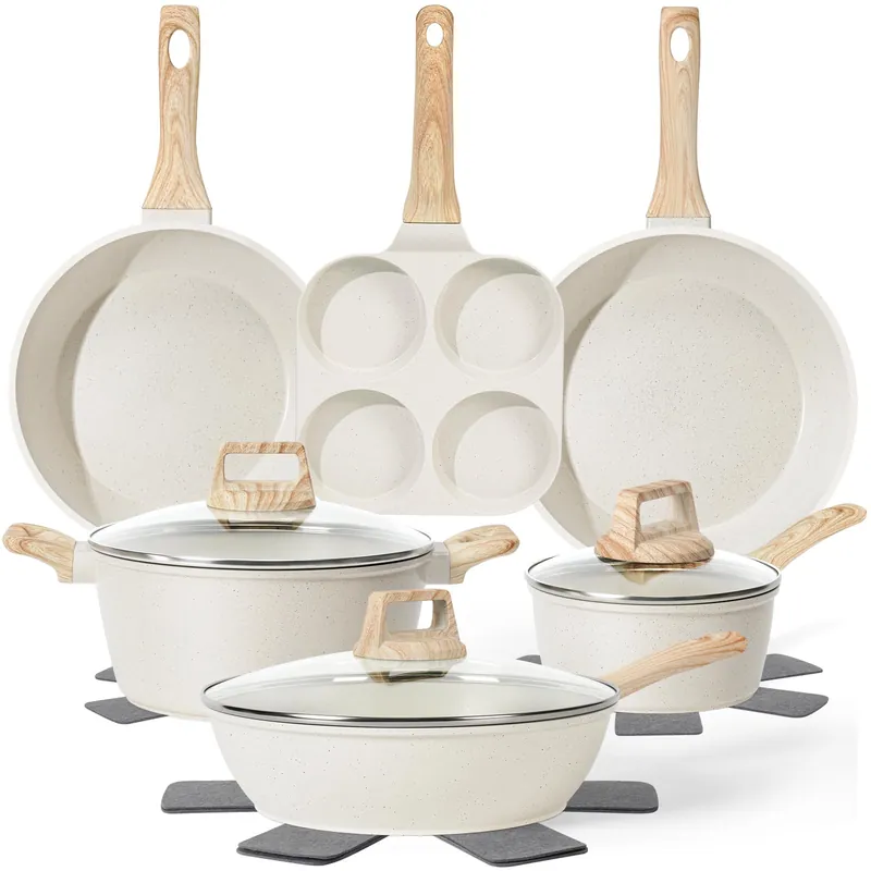 13 Pcs Pots and Pans Set, Nonstick Cookware Sets White Granite Induction Cookware, Non-toxic Healthy Non stick Kitchen Cooking Set