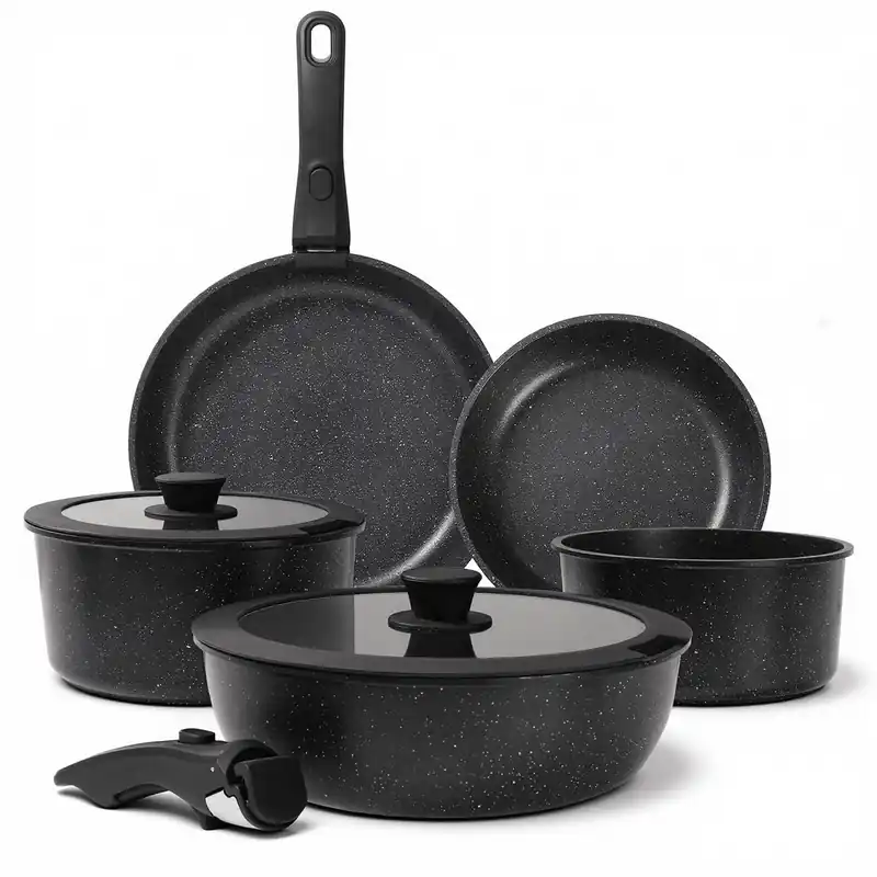 Foorey Home Black Pots and Pans Set Non Stick Removable Handle Ceramic Cookware Set Nonstick 9Pcs Dishwasher Oven Safe (Black, 9Pcs)