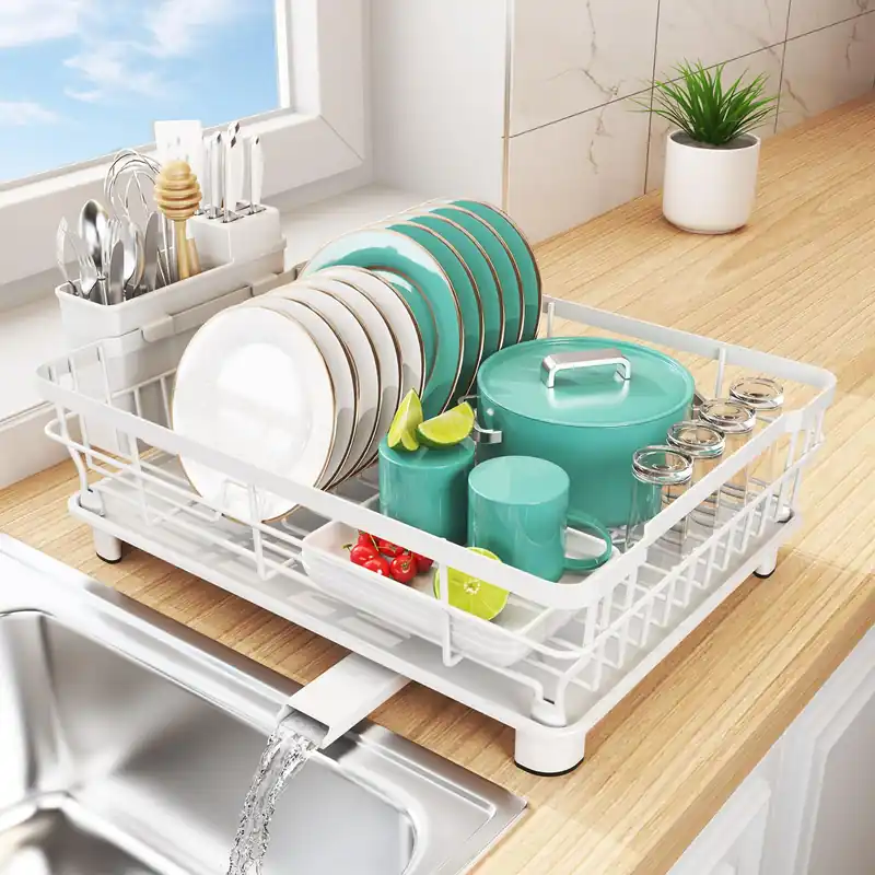 Dish Drying Rack - Space Saving Dish Rack - Dish Racks for Kitchen Counter with Drainboard, Rustproof Dish Drainer with Removable Utensil Holder, White