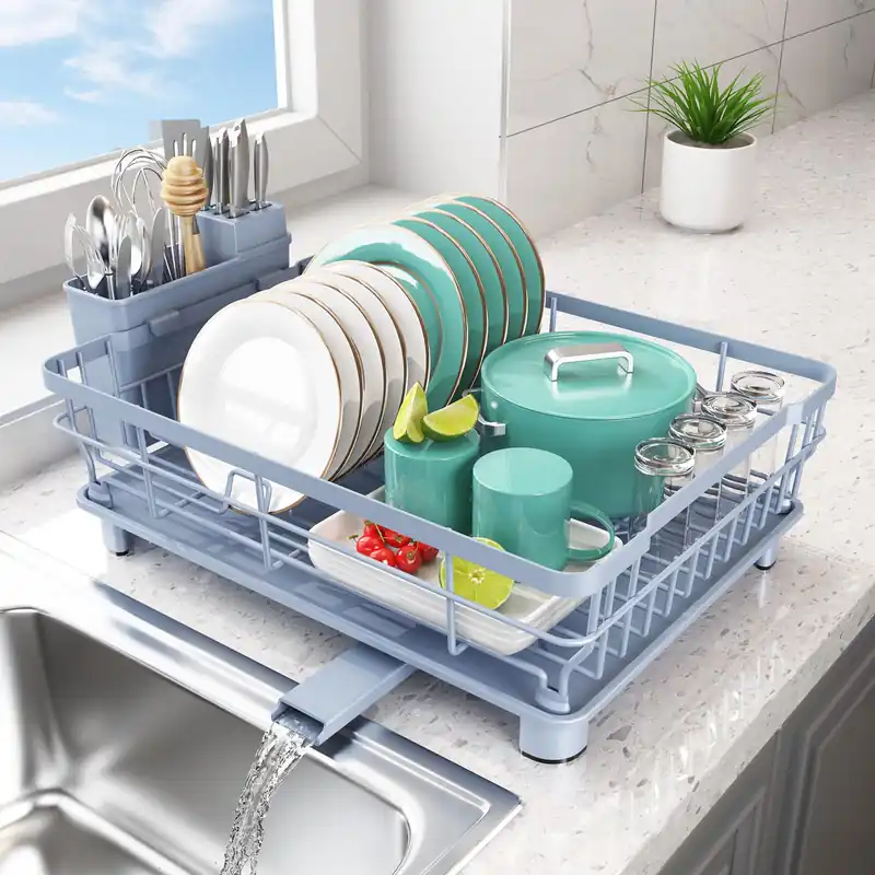 Ricobes Dish Drying Rack - Space Saving Dish Rack - Dish Racks for Kitchen Counter with Drainboard, Blue