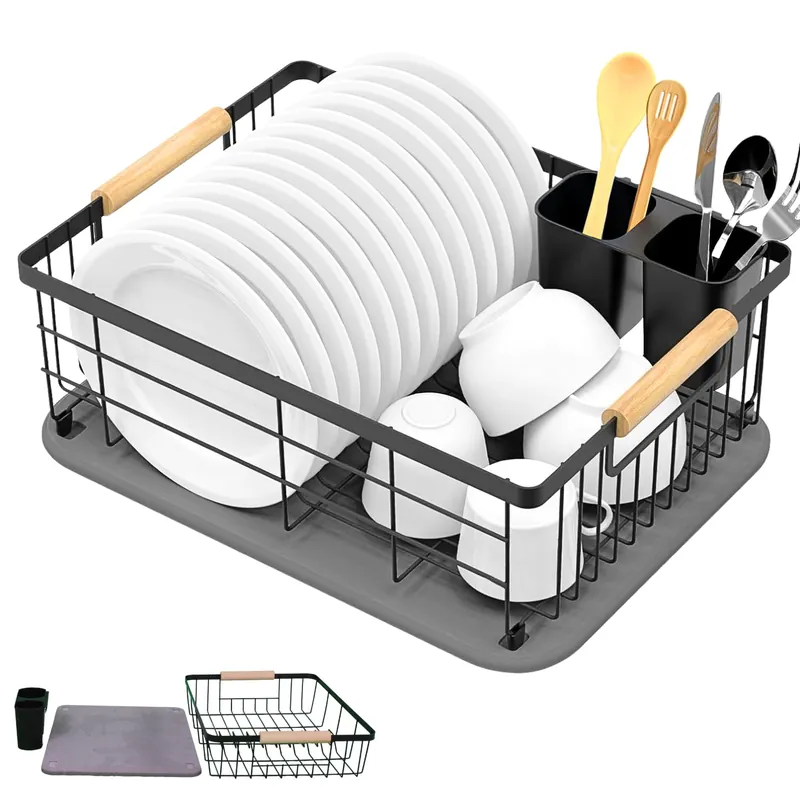 AI CRAFTS Dish Drying Rack with Stone Drying Mat - Dish Strainers for Kitchen Counter - Quick Absorption, Space Saving