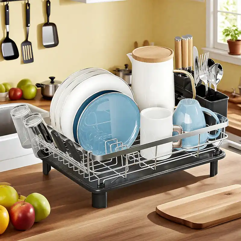 MOUKABAL Dish Drying Rack - Stainless Steel Dish Rack, Dish Racks for Kitchen Counter, Drying Rack Kitchen with Removable Utensil Holder, Drainboard and Glass Organizer (Black)