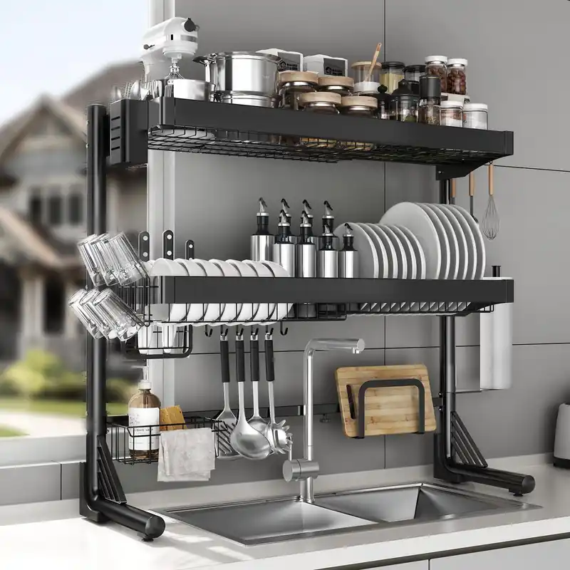 CUISIBOT Over Sink Dish Drying Rack, 3-Tier Full Stainless Steel Drainer Dish Rack Adjustable 20.9‘‘-37.4‘‘, Expandable Multifunctional Kitchen Organizer