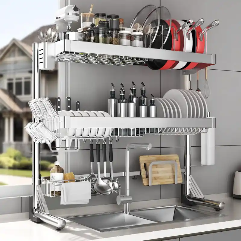 Over The Sink Dish Drainer Drying Rack 3 Tier, Full Stainless Steel Dish Drying Rack Adjustable Length 20.9‘‘-37.4‘‘ , Kitchen Sink Shelf, Organized Space-Saving Dish Rack with Pots and Pans Rack