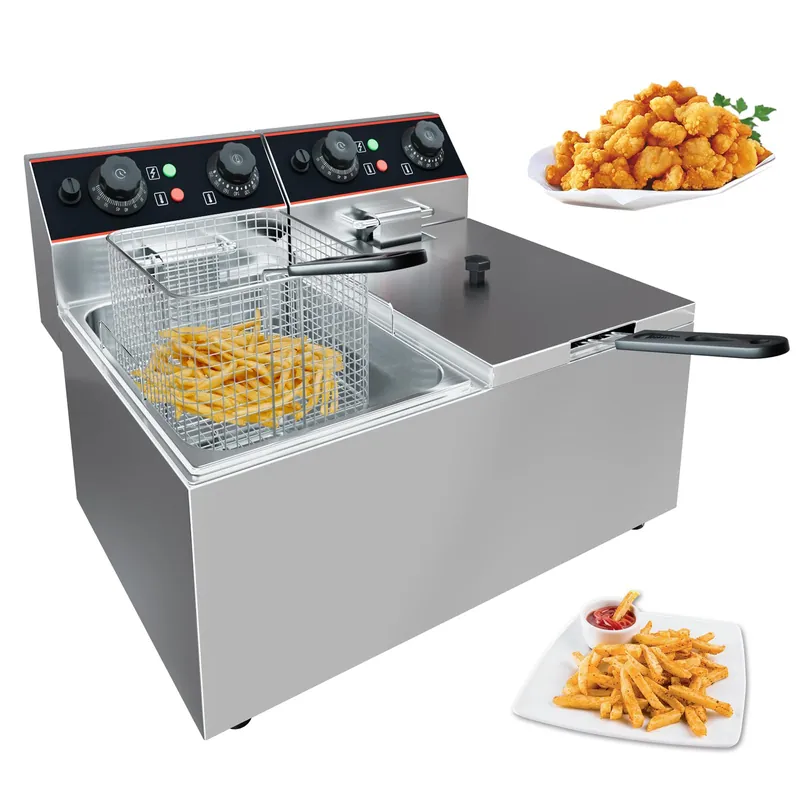 Commercial Deep Fryer with Basket, 16.8 QT Stainless Steel Electric Countertop Fryer with Double Tanks and Temperature Control