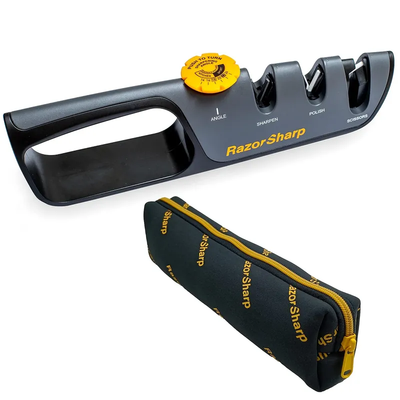 RazorSharp™ Knife Sharpener With Adjustable Angle Guide — Diamond-Coated Ceramic Sharpening Stones for All Knives Including Precision Kitchen, Professional, Chef‘s Knives — Non-Slip Rubber Edge Grip