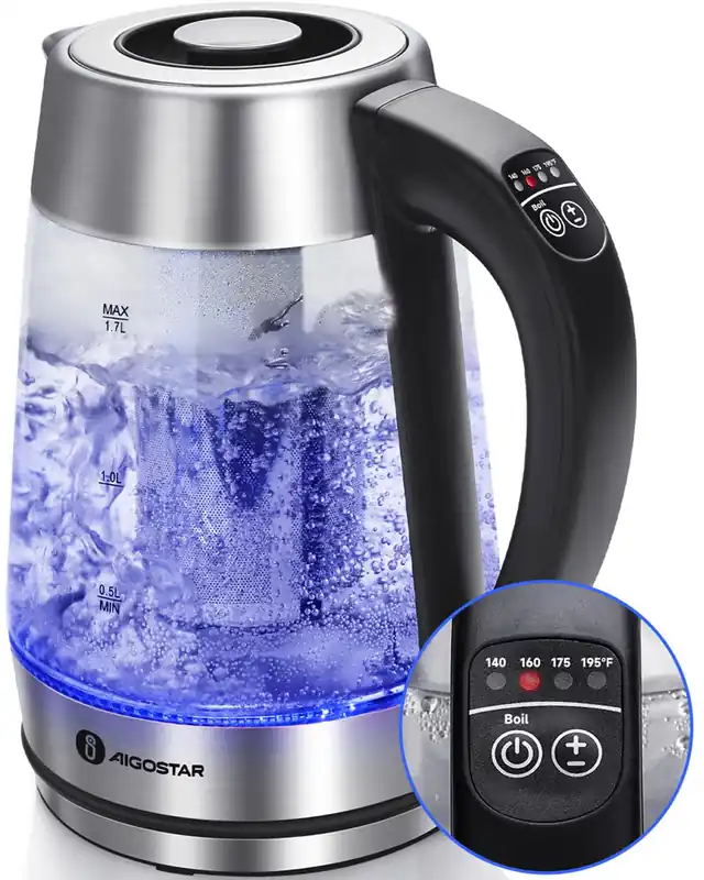 Aigostar Electric Kettle, Tea Kettle with Temperature Control and Tea Infuser, 1500W Hot Water Kettle, Auto Shut-Off, 1.7L