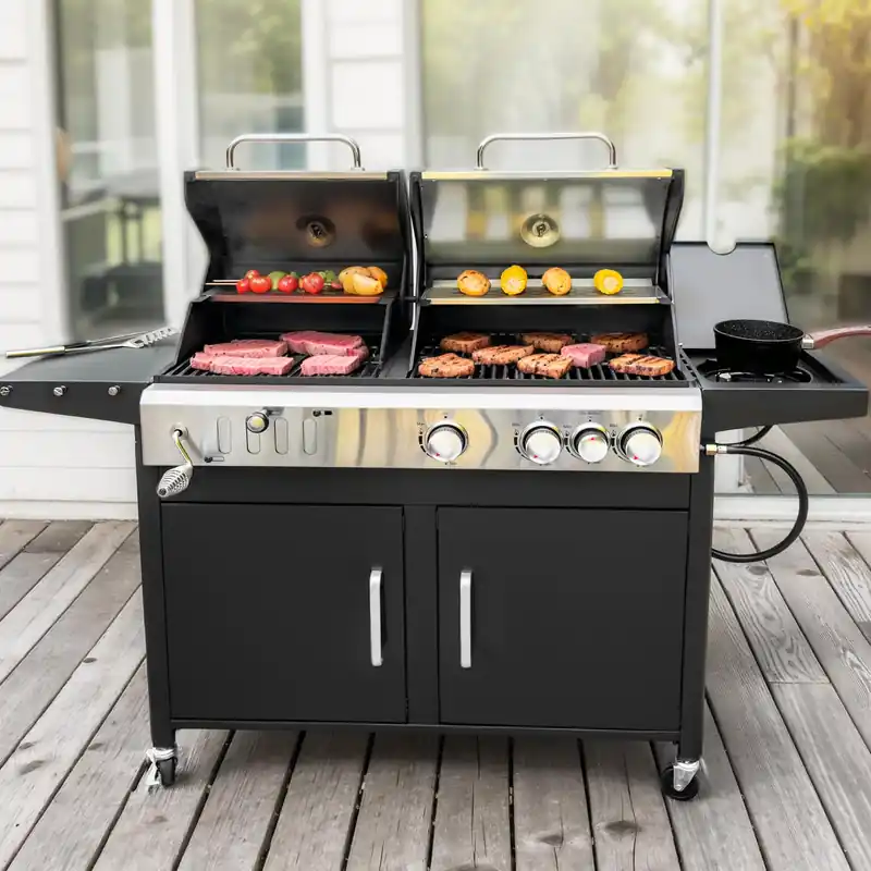 MFSTUDIO 3 In 1 Gas and Charcoal Grill Combo with Side Burner, Porcelain-Enameled Cast Iron Grate, Extra Large Dual-Function BBQ Propane Grills