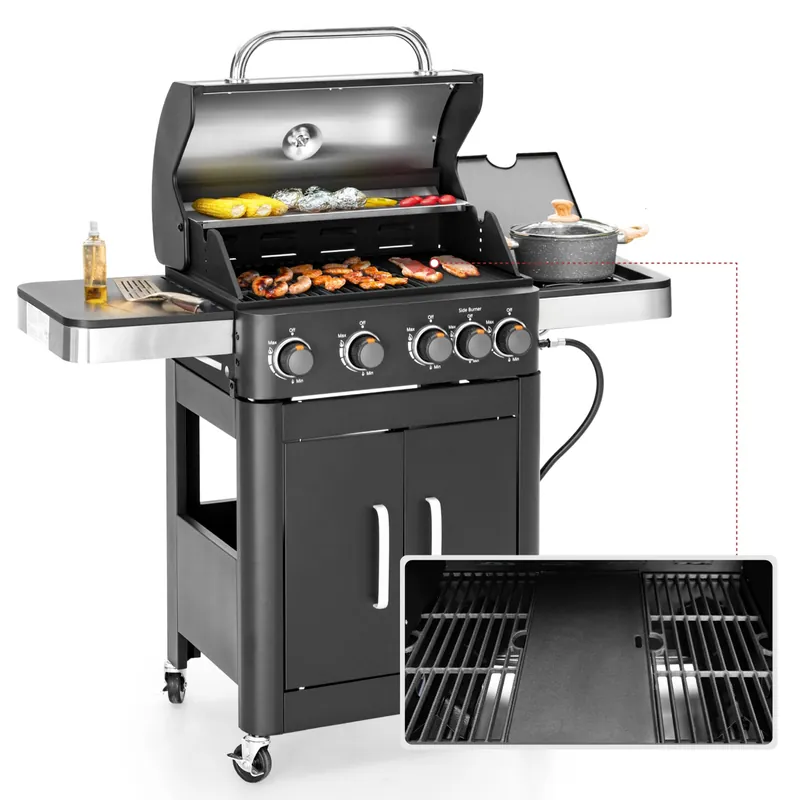 MFSTUDIO 4 Burners Propane Gas Grill and Griddle Combo with Side Burner, 2 in 1 Griddle Grill and Porcelain-Enameled Cast Iron Grates, Black