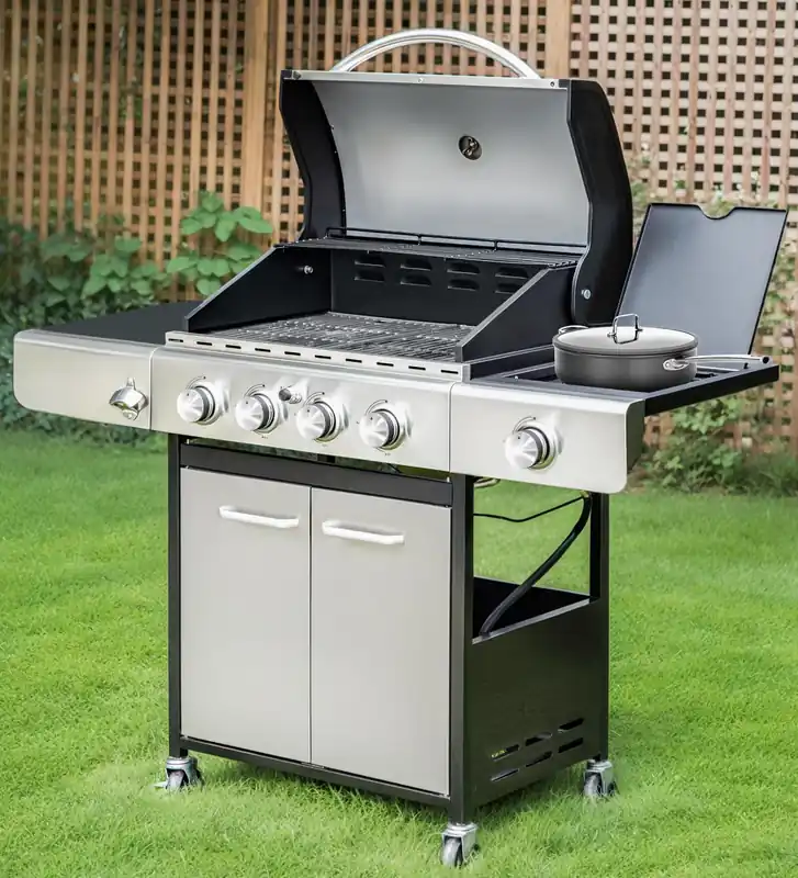 MFSTUDIO 4-Burner Propane Gas Grill, Stainless Steel BBQ Grill with Side Burner and Porcelain-Enameled Cast Iron Grates, High Heat Output Gas BBQ Grill