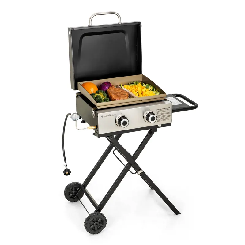 MFSTUDIO Small Portable Propane Griddle, 2 In 1 Gas BBQ Travel Grill with Foldable Stand, Compact and Light Countertop Grills with 2 Burners