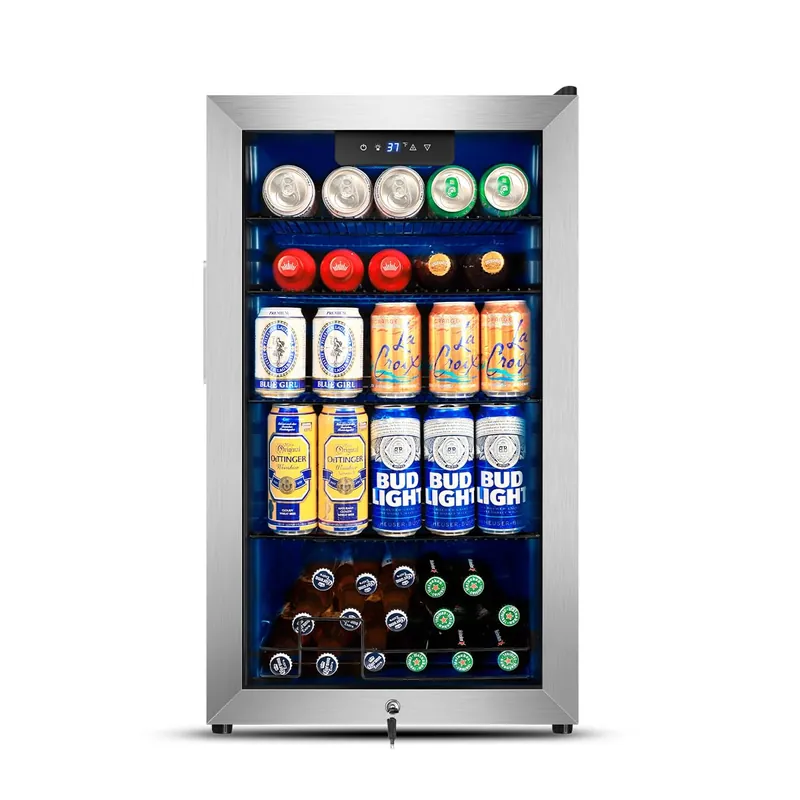 Tylza Beverage Refrigerator Cooler, 130 Cans 3.22 Cu.Ft Small Refrigerator with Low-E Glass Door, Lock, 17-Inch Beer Fridge for Drinks, Silver