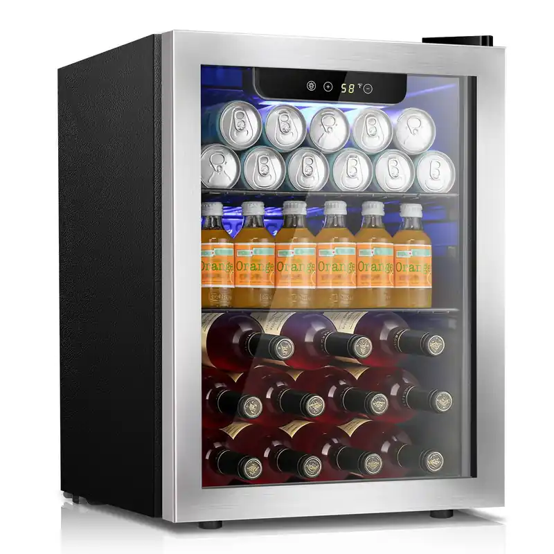 Kismile 68 Can Beverage Refrigerator,1.7 Cu.Ft Mini Fridge with Seamless Stainless Steel Glass Door,Silver