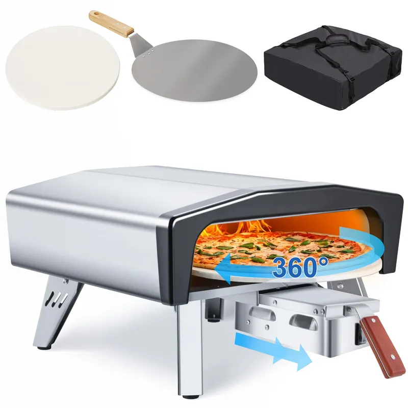 MELLCOM 20" Outdoor Gas Pizza Oven - Pull Out Handle & 360° Automatic Rotating Pizza Stone, Including Pizza Peel, Carry Bag