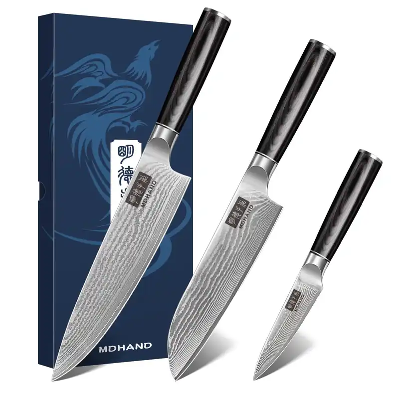 MDHAND Damascus Kitchen Knife Set, 3PCS Ultra Sharp 10Cr15CoMoV Super Steel Japanese Knife, Professional Chef Knife Set with Black Pakkawood Handle, Including Chef, Santoku & Paring Knife, Elegant Box