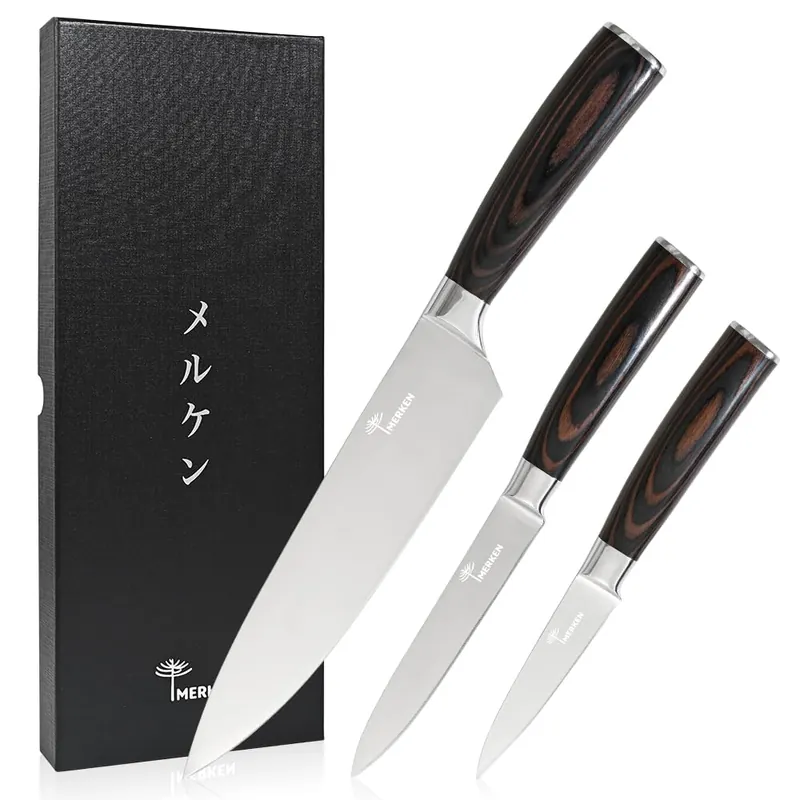 MERKEN 3-Piece Kitchen Knife Set – 8" Chef, 5" Utility, 3.5" Paring – High-Carbon Stainless Steel – Ultra Sharp – Pakkawood Handle – Gift Box