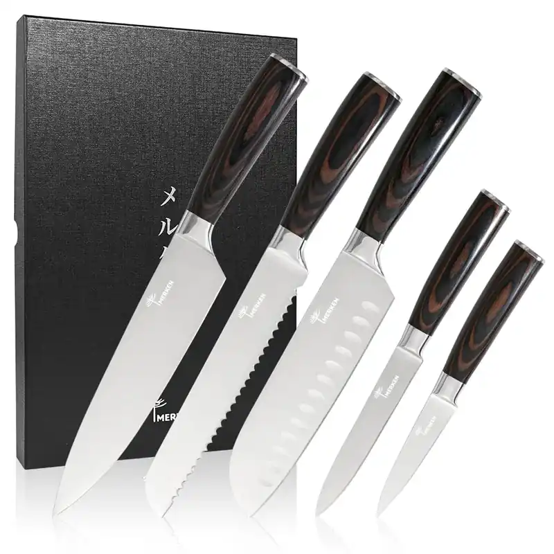 Kitchen Knife Set - 5 Pieces Includes 8" Chef Knife, 7" Santoku, 8" Bread, 5" Utility, 3.5" Paring Japanese Style High Carbon Steel Blades, Pakkawood Handles, Ultra Sharp Kitchen Tools