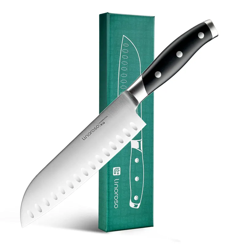 linoroso Santoku Knife 7 inch Meat Kitchen Asian Chef Knife, German High Carbon Stainless Steel Chopping Knife with Full Tang Ergonomic Handle