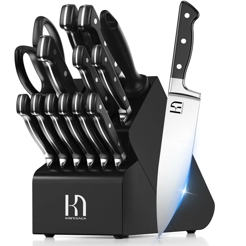 KnifeSaga Knife Set, 15 Pcs Kitchen Knife Block Set, Enduring Razor-Sharp High Carbon Stainless Steel Chef Knife Set with Block and Sharpener