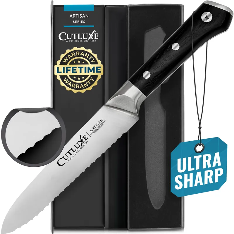 Cutluxe Serrated Kitchen Utility Knife - 5" Tomato Knife – Ultra Sharp Blade, Ergonomic Handle, Full Tang, Forged High Carbon German Steel – Artisan Series