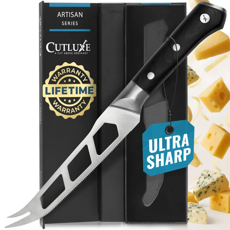 Cutluxe Cheese Knife – 5" Cheese Knife Slicer for Soft and Hard Cheese – Pronged, Serrated & Non Stick Blade – High Carbon German Steel – Artisan Series