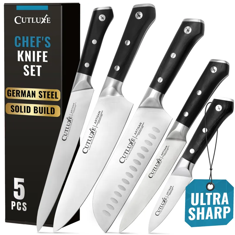 Cutluxe Kitchen Knives, 5 Pcs Chef‘s Knife Set – Razor Sharp German Steel, Full Tang, Ergonomic Handles – Artisan Series
