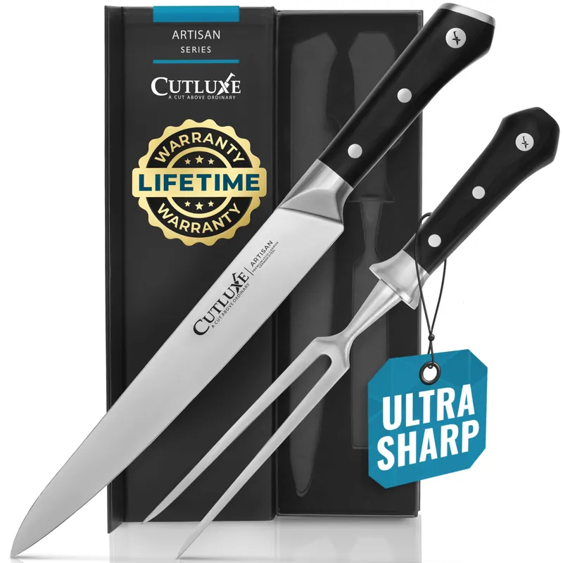 Cutluxe Turkey Carving Knife Set – Carving Fork & Knife for Meat, BBQ, Brisket – Razor Sharp Premium German Steel Full Tang – Artisan Series