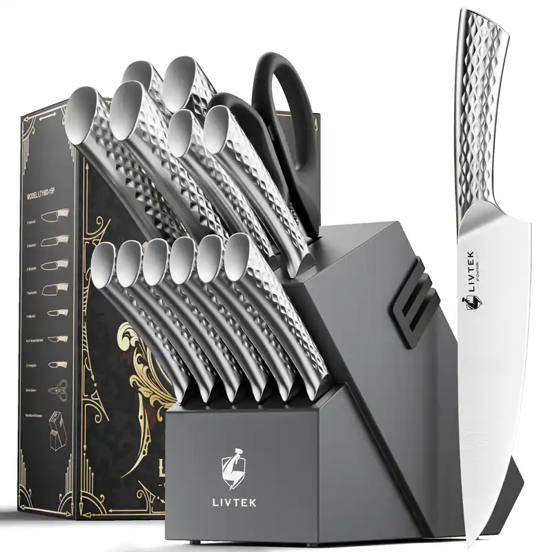 Kitchen Knife Set with Block 15-Piece German Stainless Steel with Dual Sharpener for Cook Enthusiasts - Covers 95% Kitchen Tasks - Silver Full-Tang Ergonomic Handle