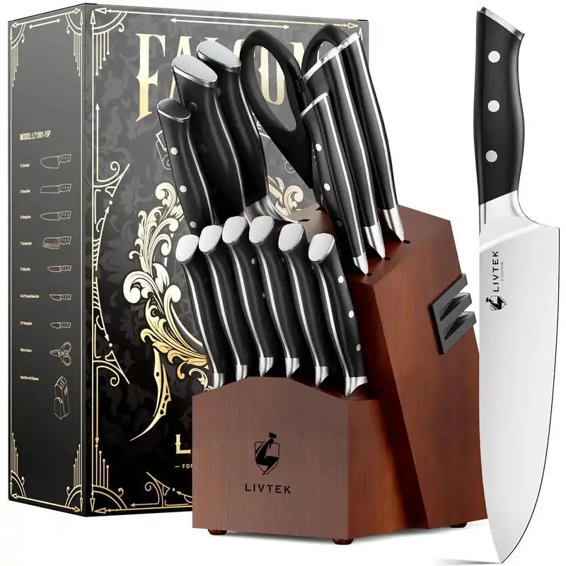 Livtek Knife Set with Block - Kitchen Knife Set German High-Carbon Stainless Steel with Built-in Sharpener - 15-Piece, Falcon Series.