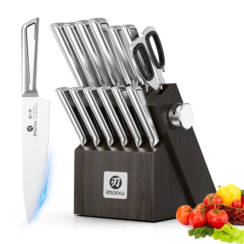 Kitchen Knife Set with Block and Built-in Sharpener, Japanese Stainless Steel 14-Piece Knife Set with Utility Knife, Dishwasher Safe, Non-Slip Ergonomic Handles