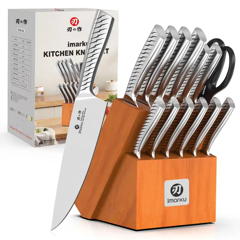imarku 14-Piece Knife Set with Block, High Carbon Stainless Steel Kitchen Knives with Built-in Sharpener, Dishwasher Safe, Ergonomic Non-Slip Handle, Brown