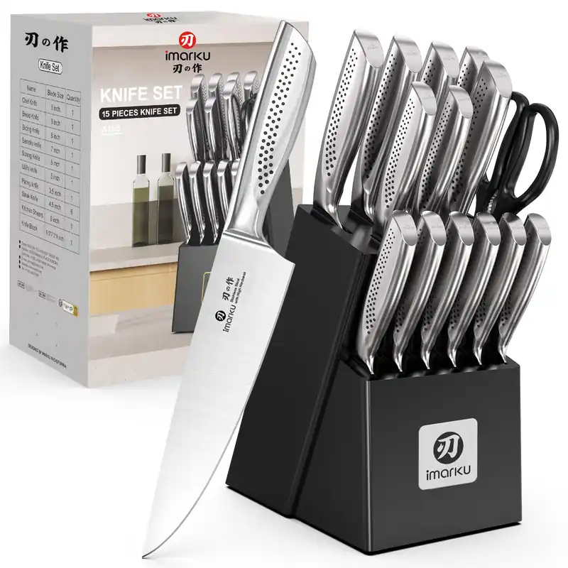 15-Piece Knife Set with Block, High Carbon Stainless Steel Kitchen Knives with Built-in Sharpener, Dishwasher Safe, Ergonomic Non-Slip Handle, Black