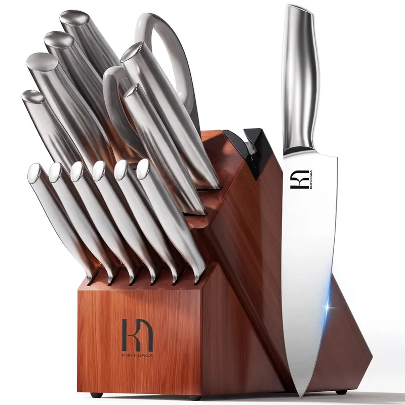 KnifeSaga Knife Set Premium, Japanese High Carbon Stainless Steel 14 Pcs Kitchen Knives Block Set with Built-in Sharpener and Wood Block