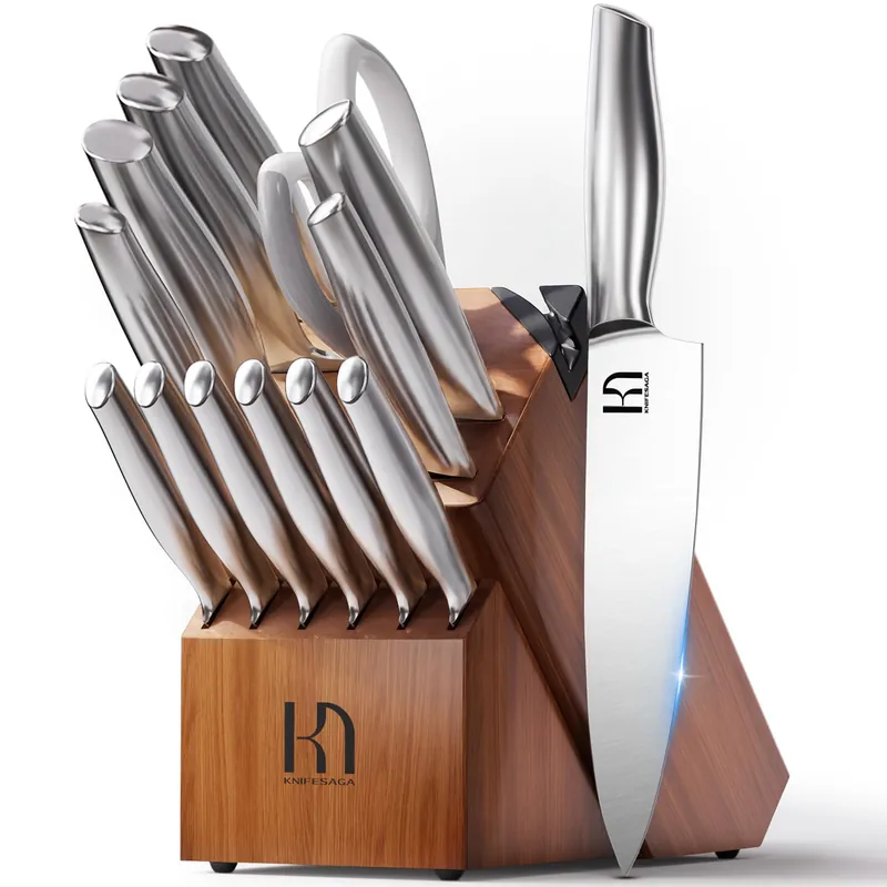 KnifeSaga Kitchen Knife Set 14 Piece Premium Japanese High Carbon Stainless Steel Knife Block Sets with Built-in Sharpener, Razor Sharp Knives Set