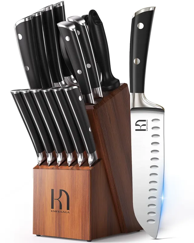 5 Pcs Kitchen Knife Block Sets with Sharpener, Japanese High Carbon Stainless Steel Set of Knives, Premium Razor Sharp Black Knives Set
