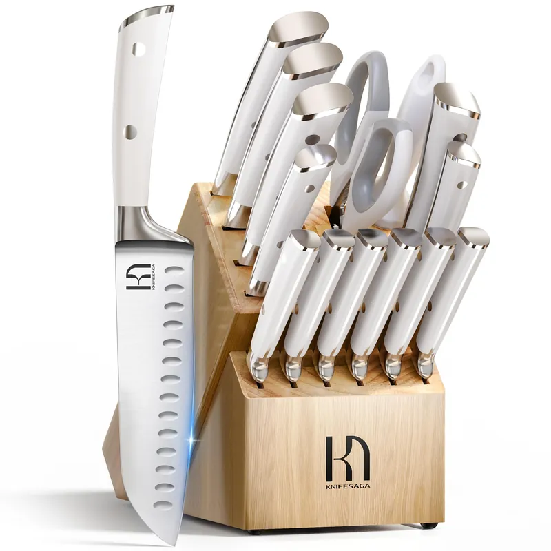 Knife Set Premium, Japanese 15 Pcs High Carbon Stainless Steel Kitchen Knife Block Set with Sharpener, Razor Sharp Knives Set for Kitchen