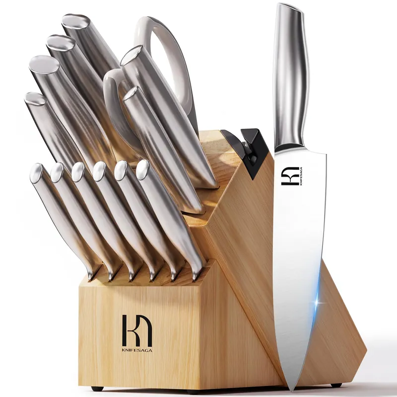 KnifeSaga Knife Set, Premium Knife Block Set for Kitchen 14 Pcs UltraSharp Japanese High Carbon Stainless Steel with Built-in Sharpener