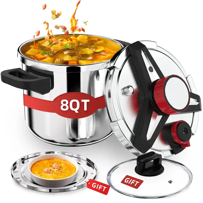 3-In-1 Stainless Steel Pressure Cooker 8 QT [Save 70% Time] [3 PSI Settings], One-Hand Locking, Induction Compatible, Glass Lid & Steamer Rack Included