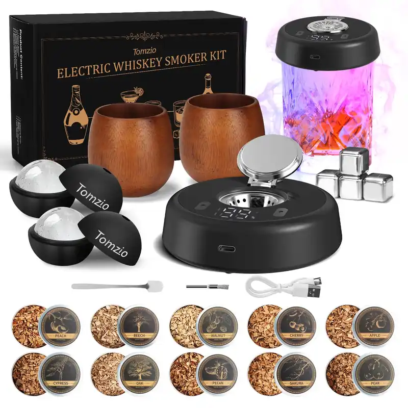 Electric Whiskey Smoker Kit with 7 Light Modes,Rechargeable Cocktail Smoker with 2 Wooden Bourbon Glasses,10 Natural Wood Chips